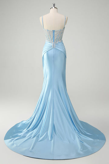 Blue Mermaid Spaghetti Straps Corset Long Prom Dress with Appliques